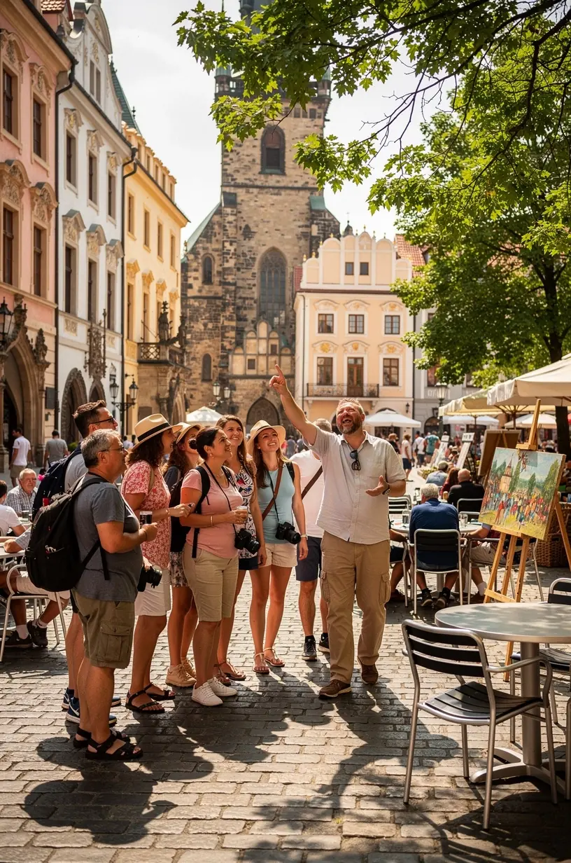Kultúrne centrum s rušným dvorom plným návštevníkov a aktuálnymi umeleckými inštaláciami.