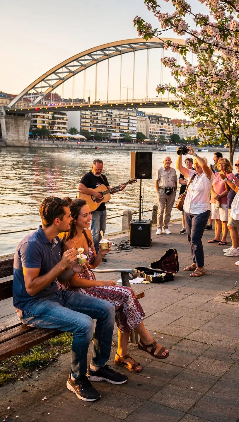 Prechádzka popri Dunaji s výhľadom na modernú architektúru a prírodné prostredie nábrežia.